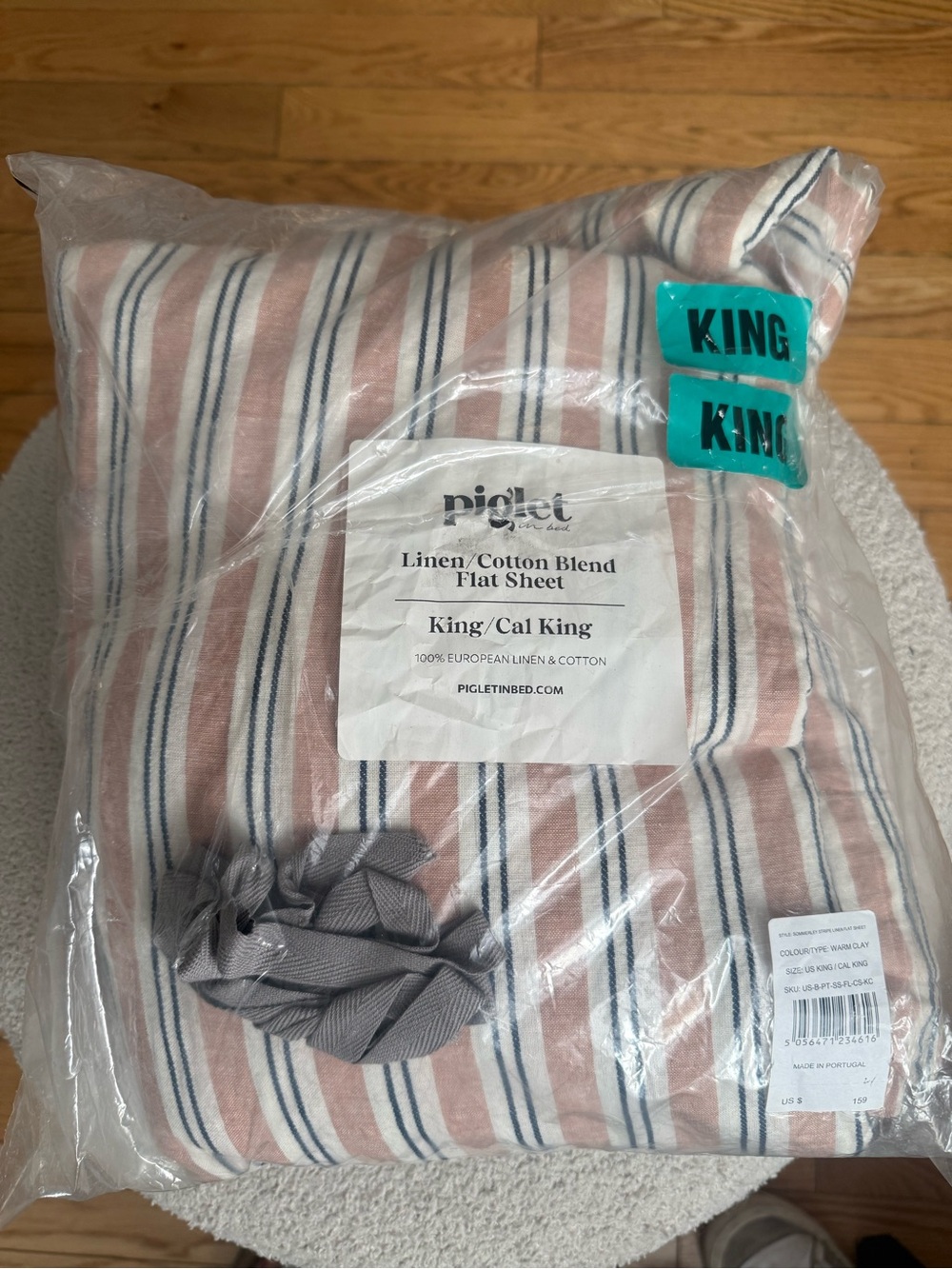 Piglet in Bed Linen/Cotton Blend Stripe King Flat Sheet - Somerly Stripe Clay